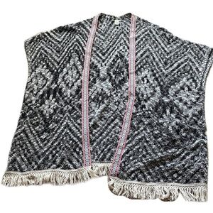 Westbound XL Black/White Open Front Vest Cardigan Fringe Trim Boho Hippie EUC